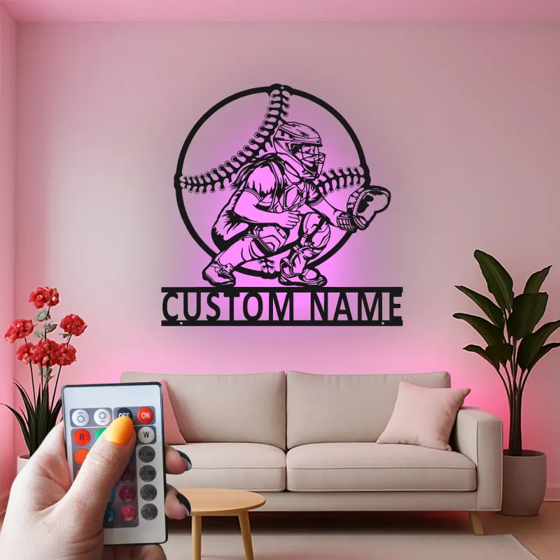 Custom Baseball Catcher Led Light Metal Wall Art Personalized Sports Gift for Baseball Fans Game Room Decor