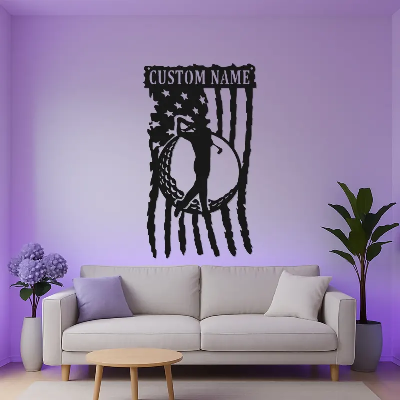 Insegna da golf su misura con LED | Arte murale in metallo con nome del golfista | Decorazione man cave con bandiera americana