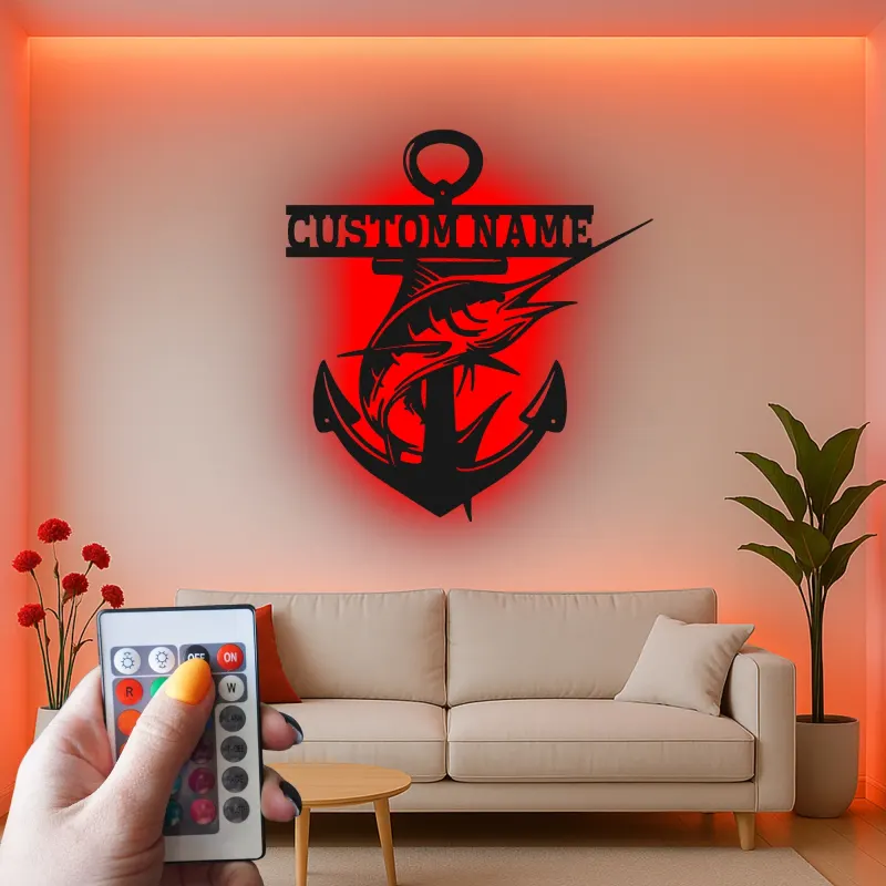 Custom Marlin Anchor Sign | Personalized LED Metal Wall Art | Deep Sea Fishing Decor for Man Cave Gift | Nautical Wall Decor