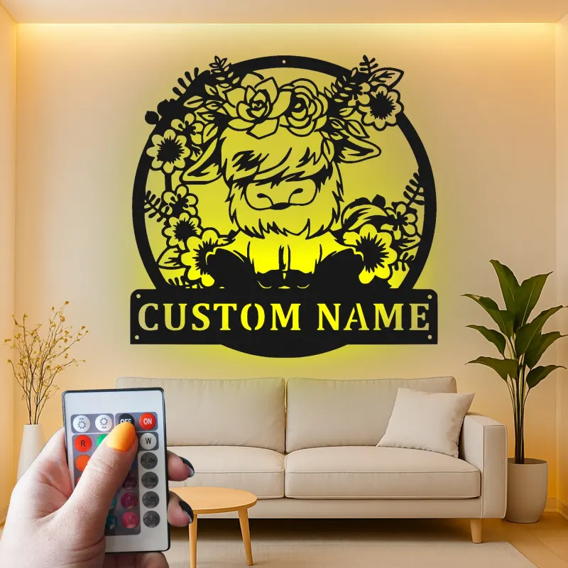 Highland Cow LED Metal Wall Art | Custom Name Sign | Floral Farmhouse Decor for Nursery & Salons | Gift for Cow Lovers