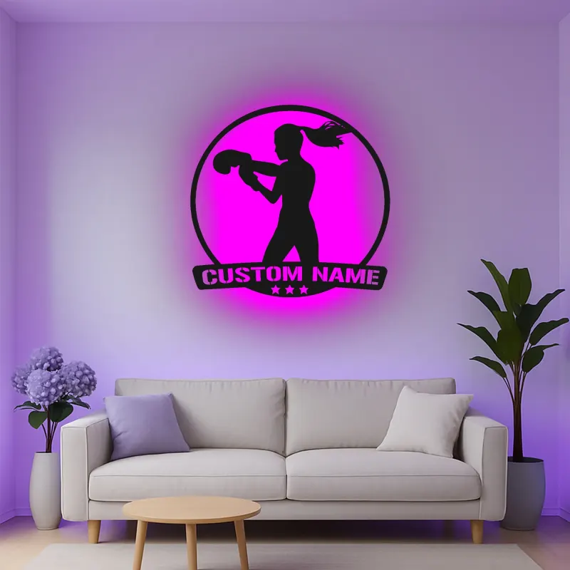 Décoration murale en métal personnalisée pour boxeuse avec rétroéclairage LED - Cadeau personnalisé pour passionné de boxe, décoration de gym ou de maison