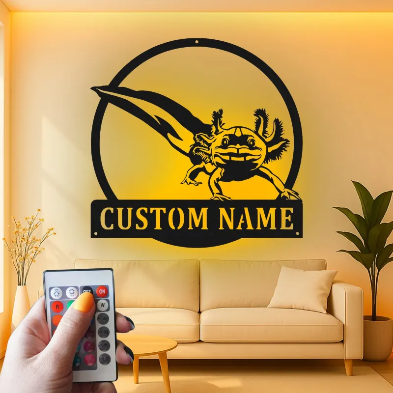 Insegna in metallo personalizzata con Axolotl e luce LED regalo unico per amanti degli anfibi decorazione per camera da letto o ufficio
