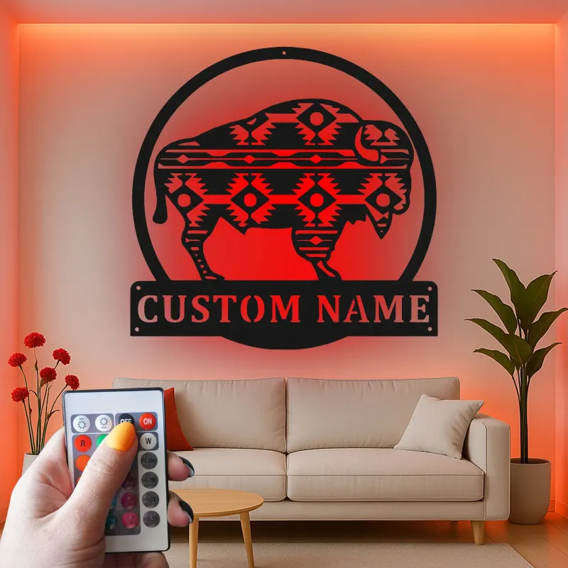 Insegna in metallo LED personalizzata con bufalo, regalo per amanti della natura, decorazione rustica per casa