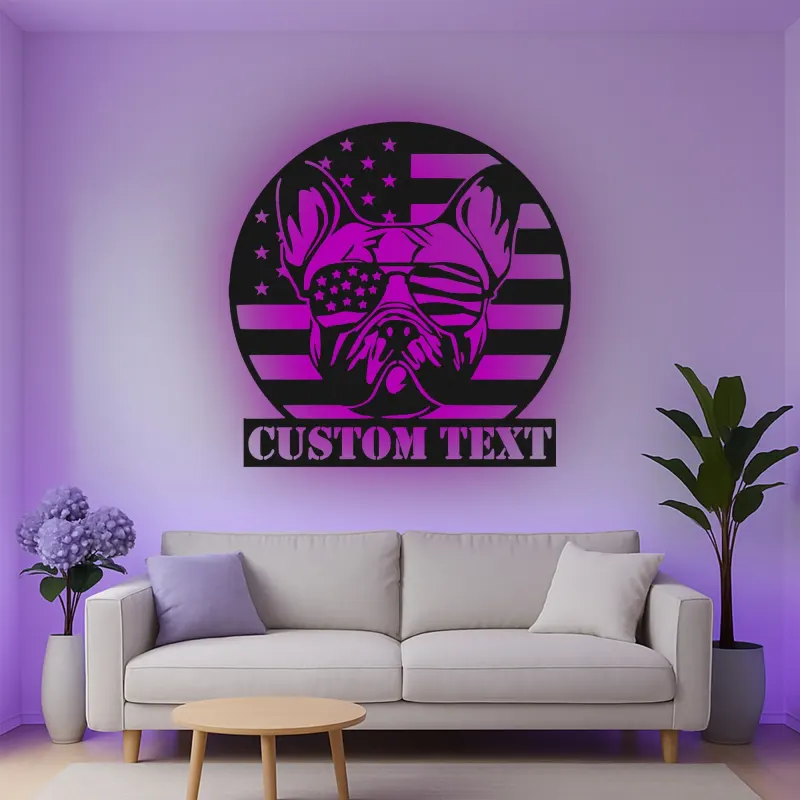 Décoration murale en métal personnalisée avec bulldog et drapeau américain éclairée LED - Cadeau patriotique pour les amoureux des chiens