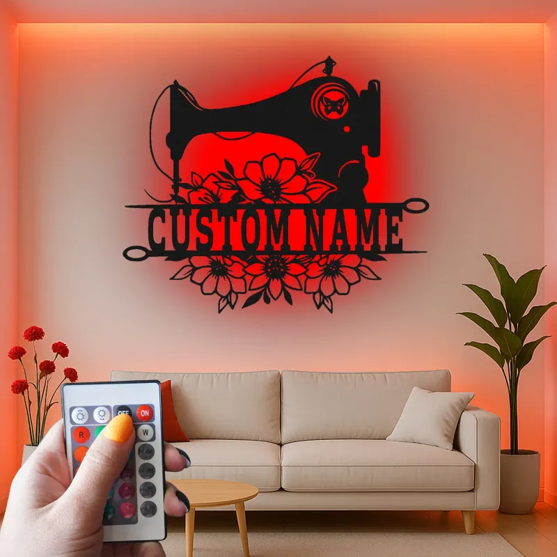 Cartel de máquina de coser personalizado | Decoración mural de metal LED | Decoración personalizada para el cuarto de manualidades | Regalo para costurera o mamá