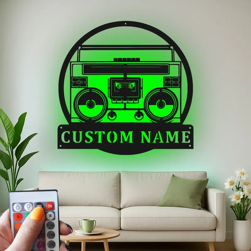 Insegna in metallo personalizzata con boombox e luce LED regalo per amanti della musica decorazione retro per sala giochi