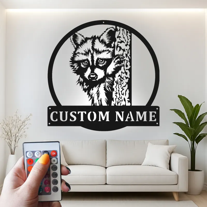 Cartel LED de mapache personalizado | Arte mural de metal a medida | Decoración rústica para cabañas | Silueta de vida silvestre de bosque | Regalo para amantes del bosque