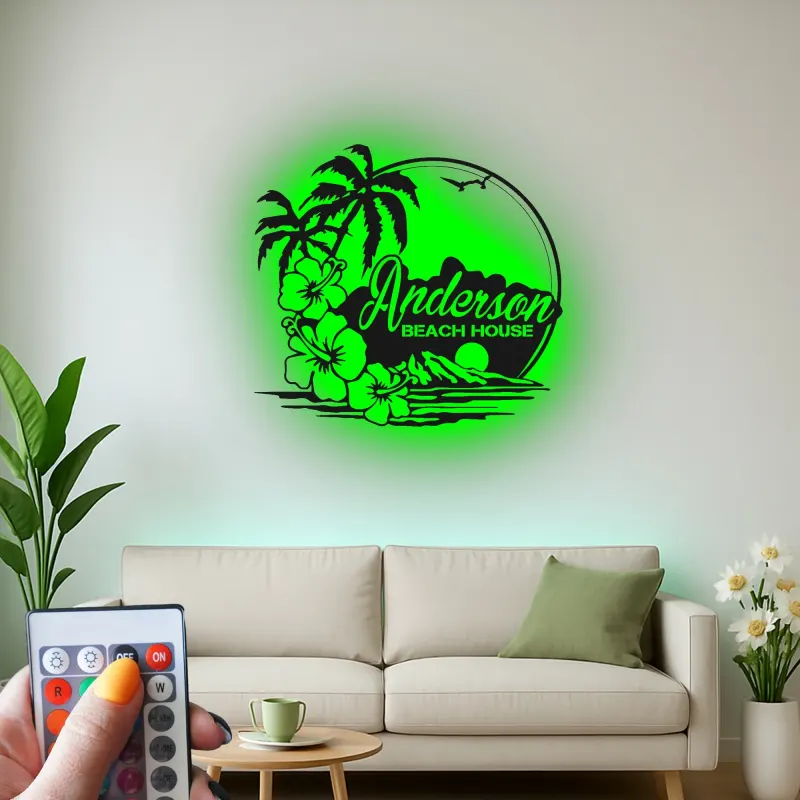 Insegna in metallo personalizzata con luce LED per casa al mare - Regalo personalizzato per ritiri costieri e decorazione tropicale