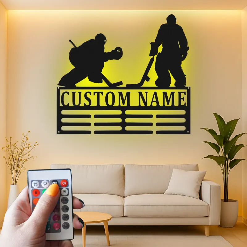 Cartel LED de jugador de hockey personalizado | Decoración mural de metal personalizada | Decoración para habitación infantil y regalo para deportistas | Luz RGB