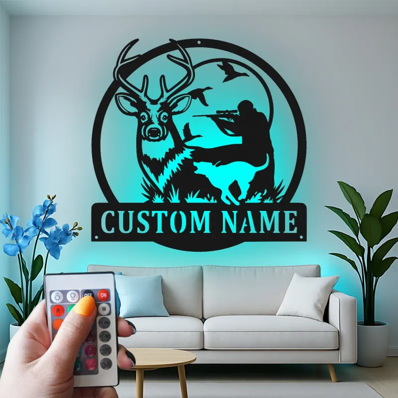 Custom Deer Hunting LED Metal Sign | Personalized Hunter & Dog Wall Art | Rustic Cabin Decor | Unique Gift for Outdoorsman