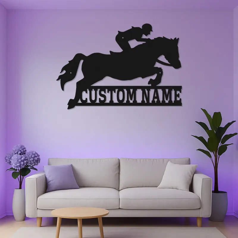 Art mural en métal LED de saut d'obstacles | Panneau équestre personnalisé | Cadeau de nom personnalisé pour amoureux des chevaux et cavaliers