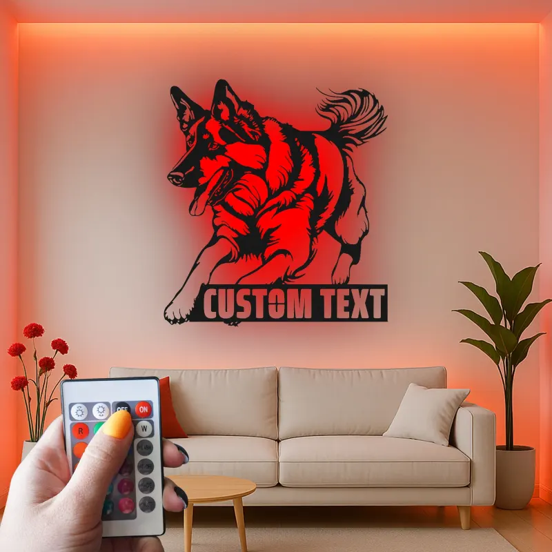 Arte da parete LED in metallo con Pastore Tedesco | Insegna personalizzata con nome del cane | Regalo commemorativo personalizzato per amanti dei cani