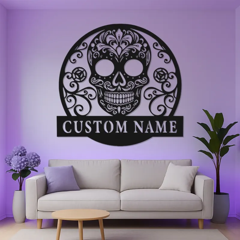 Sugar Skull LED Metal Wall Art | Personalized Day of the Dead Decor | Custom Name Sign for Salon, Patio or Studio