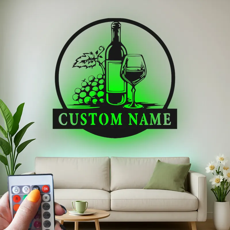 Insegna in metallo personalizzata per bottiglia di vino e bicchiere con luce LED - Regalo personalizzato per amanti del vino, decorazione per cucina o bar 1