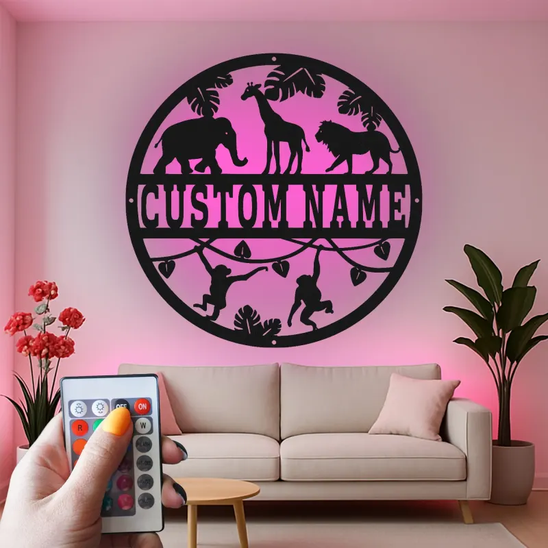 Insegna con Nome Safari Personalizzata | Arte da Parete in Metallo LED per Nursery | Decorazione per Stanza dei Bambini a Tema Giungla | Regalo per Baby Shower Personalizzato