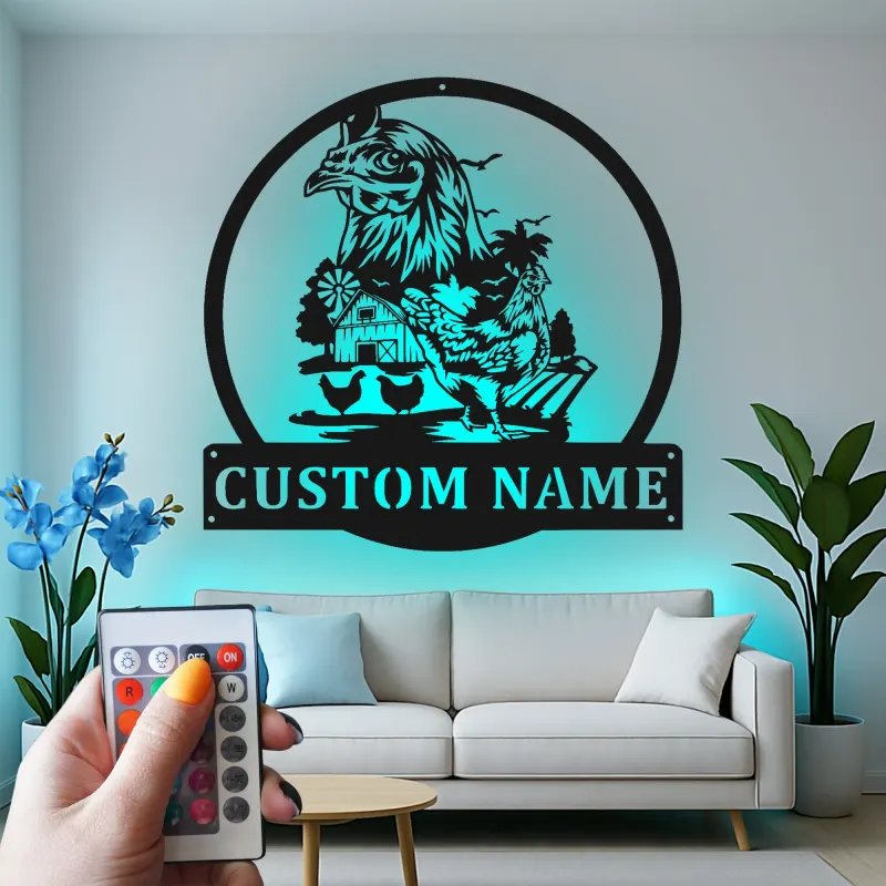 Custom Farmhouse Chicken Led Light Metal Wall Art Personalized Gift for Farmers Rustic Kitchen or Barn Decor
