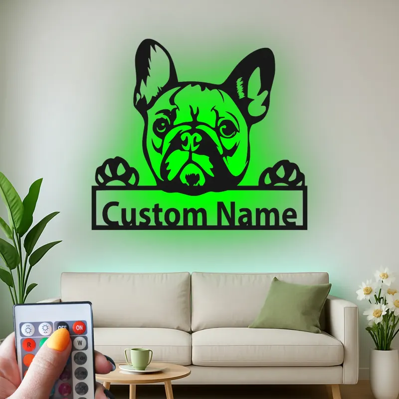 Insegna in metallo personalizzata con Bulldog Francese | Decorazione LED da parete per cani | Regalo per amanti degli animali per casa e ufficio