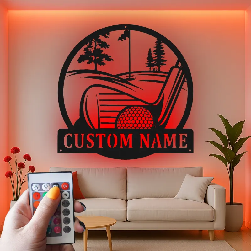 Panneau LED de golf personnalisé en métal | Décoration murale avec prénom de golfeur | Déco de cave à homme et bar à domicile | Cadeau unique pour lui