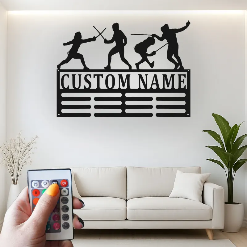 Décoration murale en métal personnalisée - Silhouette d'escrimeur avec rétroéclairage - Cadeau unique pour escrimeur