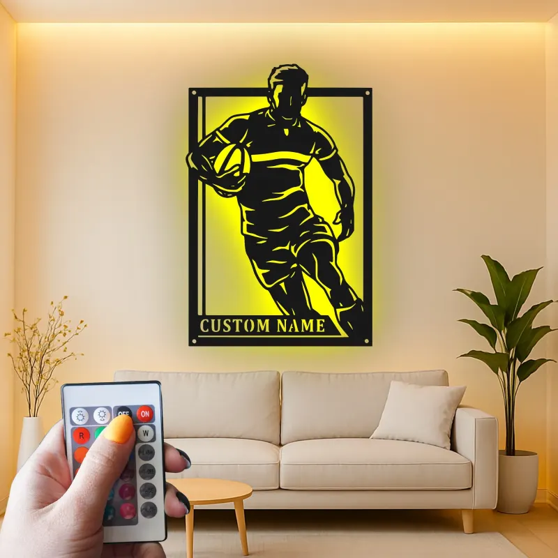 Custom Rugby Player Metal Sign | Personalized LED Wall Art | Sports Decor for Game Room | Gift for Athlete Coach