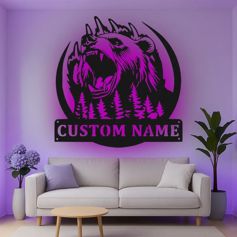 Personalisiertes LED-Licht Metallschild mit Grizzlybär – Geschenk für Naturfreunde, Dekoration für Hütte oder Lodge
