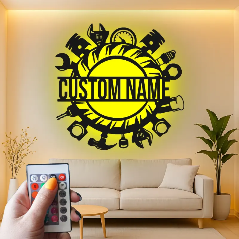Insegna da Garage Personalizzata con LED | Insegna in Metallo per Strumenti da Meccanico | Decorazione per Officine per Appassionati di Auto