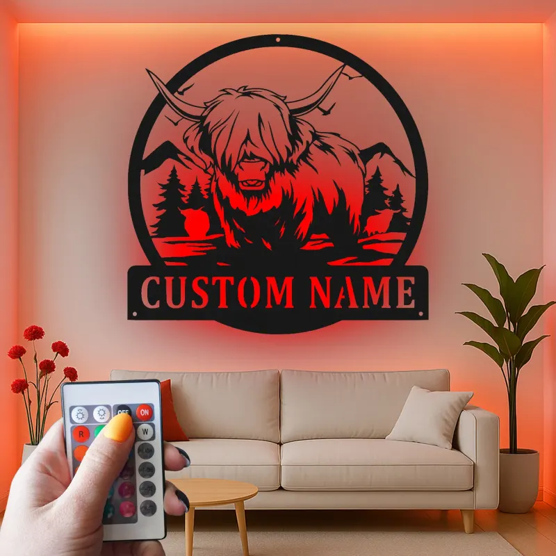 Decoración mural de metal LED de vaca de las Highlands | Letrero personalizado para rancho con luces | Decoración farmhouse personalizada para hogar y negocio