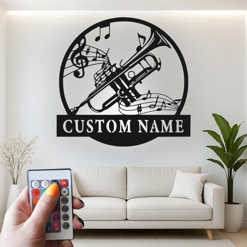 Cartel de metal LED con trompeta y notas musicales personalizado, regalo para músicos, decoración para estudio o sala de música