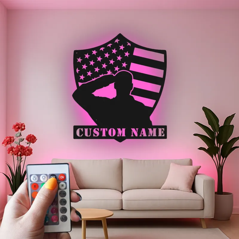 Saluting Soldier LED Metal Wall Art | Personalized Veteran Gift | Custom Military Name Sign for Man Cave