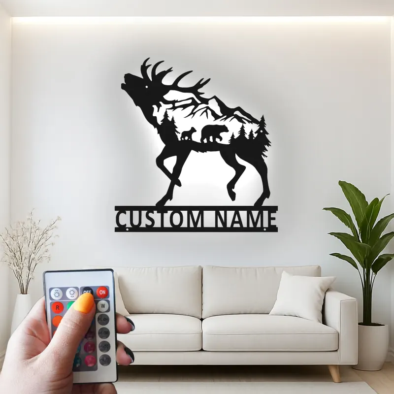 Décoration murale en métal personnalisée avec élans et ours en forêt avec rétroéclairage LED - Cadeau faunique pour les amoureux de la nature