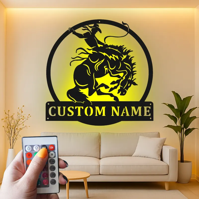 Custom Rodeo Cowboy Led Light Metal Wall Art Western Gift for Him Man Cave Rustic Decor