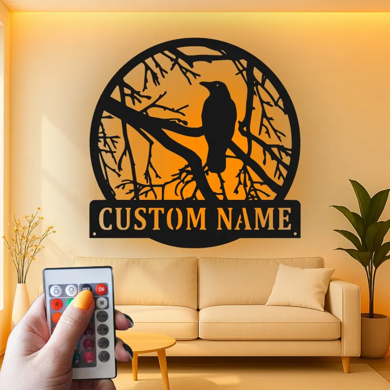 Custom Raven Metal Wall Art | Personalized LED Light Gothic Decor | Custom Name Sign for Home, Cabin or Studio