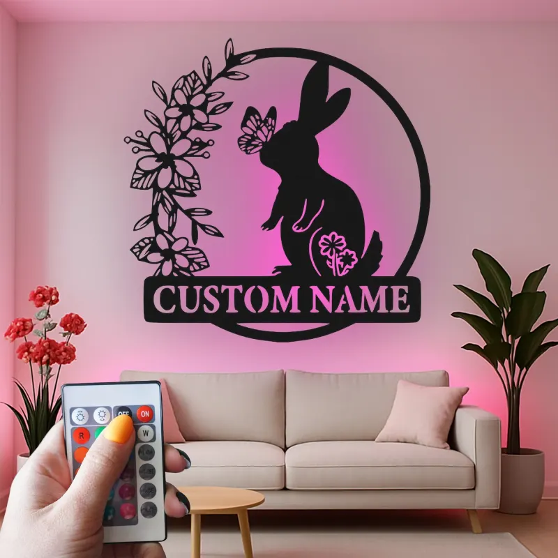 Personalized Rabbit Name Sign | LED Metal Wall Art for Nursery | Bunny & Butterfly Light | Baby Shower Gift