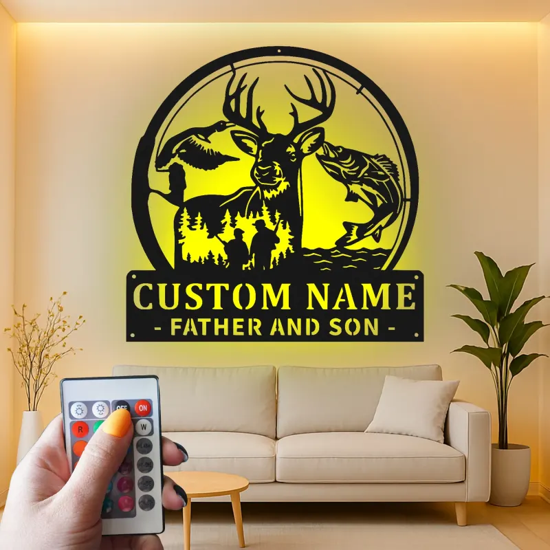 Cartel de metal LED personalizado para padre e hijo en aventura al aire libre, regalo personalizado para papá, decoración para cabaña o man cave