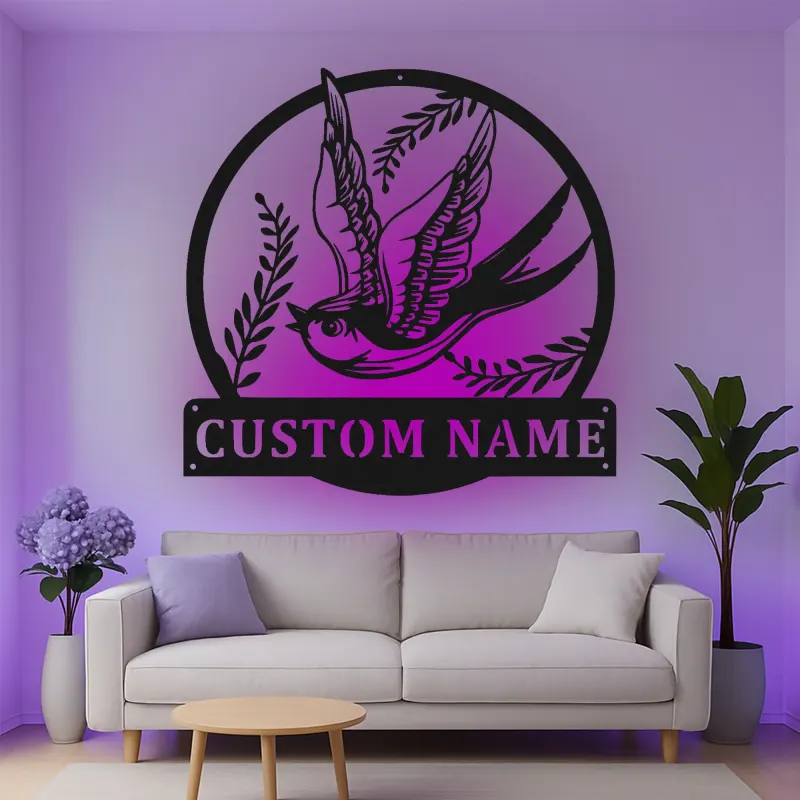 Custom Swallow Bird Led Light Metal Wall Art Personalized Gift for Nature Lovers Bedroom or Living Room Decor