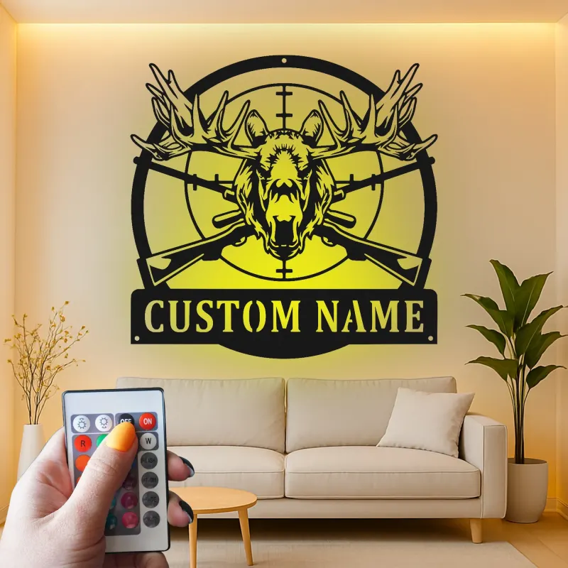 Panneau en métal de chasse à l'élan | Décoration murale personnalisée avec rétroéclairage | Cadeau personnalisé pour chasseur | Décor de chalet et de lodge