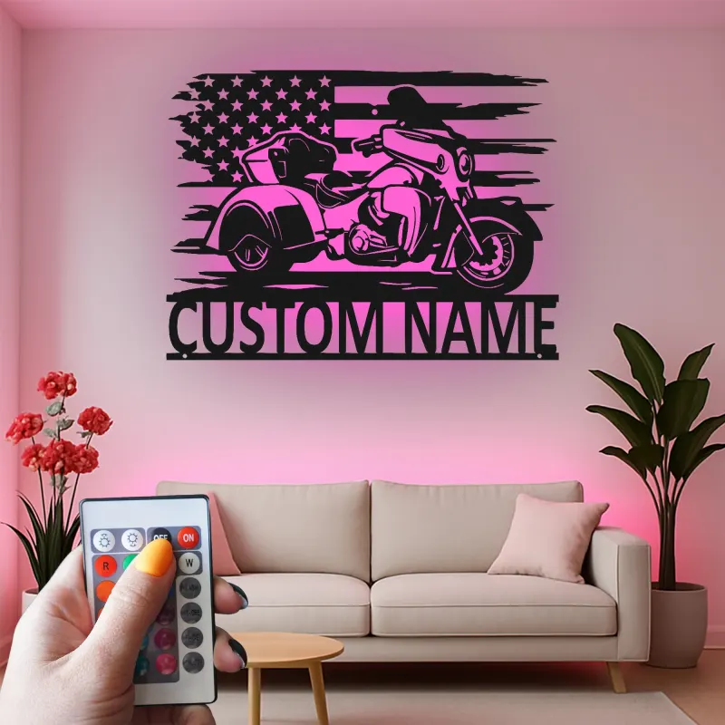 Panneau LED personnalisé pour trike | Plaque de nom de motard avec drapeau américain | Décoration murale en métal pour garage | Cadeau pour homme cave