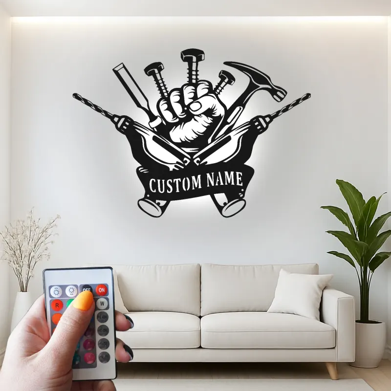 Insegna LED personalizzata per tuttofare | Insegna in metallo personalizzata per officina e garage | Regalo industriale per falegname