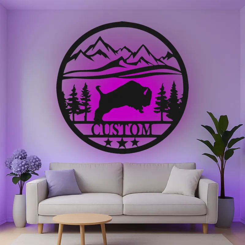 Cartel de metal LED personalizado de escena de montaña con búfalo, regalo para amantes de la naturaleza, decoración de cabaña rústica
