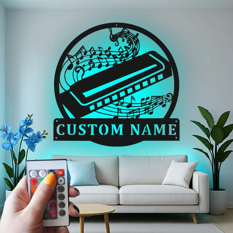 Enseigne LED personnalisée harmonica | Décoration murale en métal sur mesure | Décor pour salle de musique | Cadeau pour musicien et amateur de blues