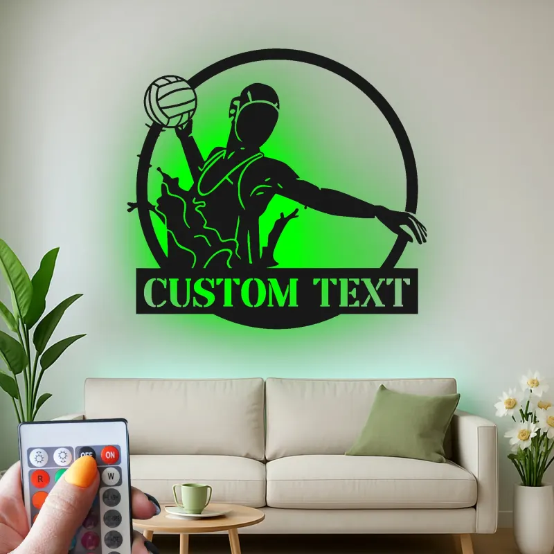 Cartel de metal personalizado con luz LED de jugador de voleibol regalo personalizado para atletas decoración de sala de juegos