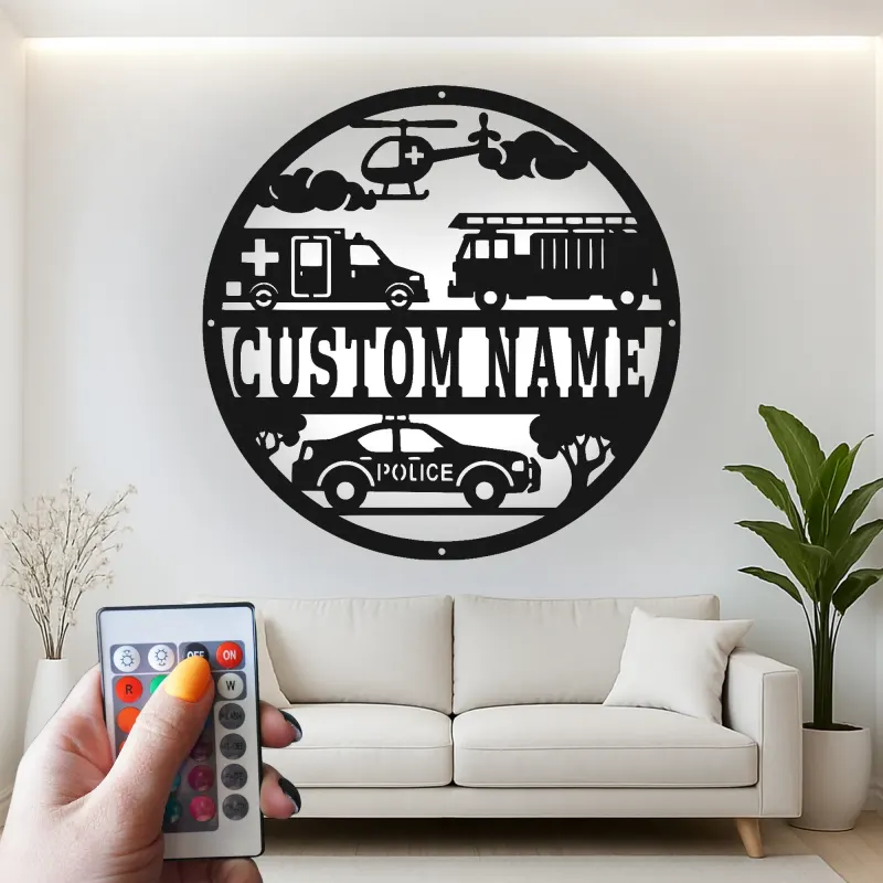 Cartel LED de Primeros Respondedores | Arte Mural de Metal Personalizado | Regalo para Policía, Bombero, EMT Héroe | Decoración para Hogar y Oficina