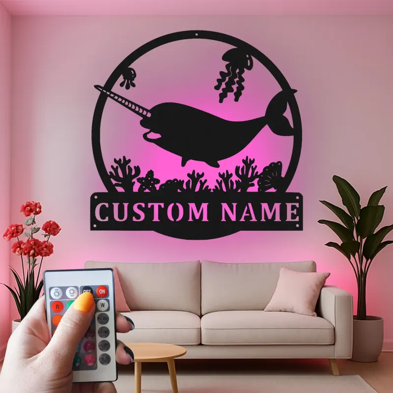 Personalized Narwhal Metal Sign | LED Nursery Night Light | Custom Ocean Theme Wall Art | Kids Room Decor