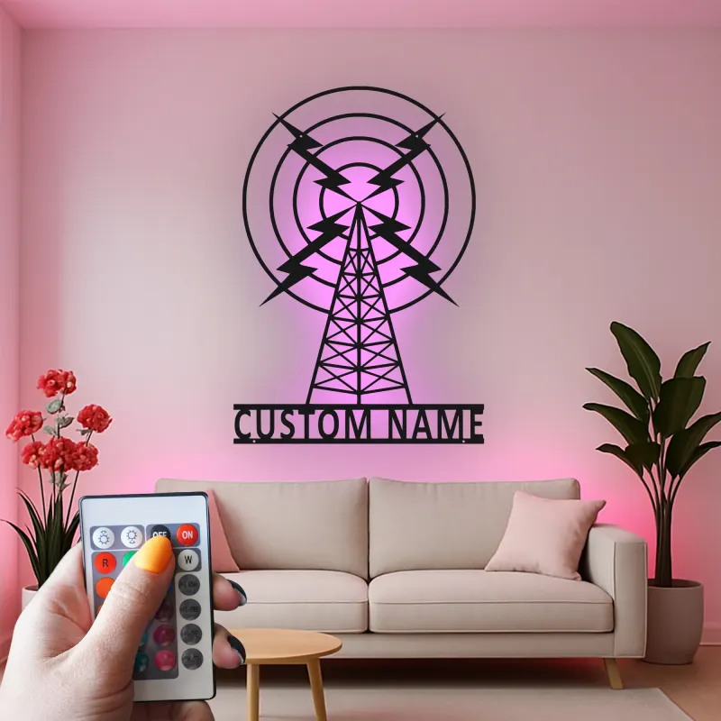 Personalisierte Metall-Schild eines Funkmastes | LED Vintage Broadcasting Kunst | Individuelles Geschenk für Funkamateur | Retro Studio Wanddekoration