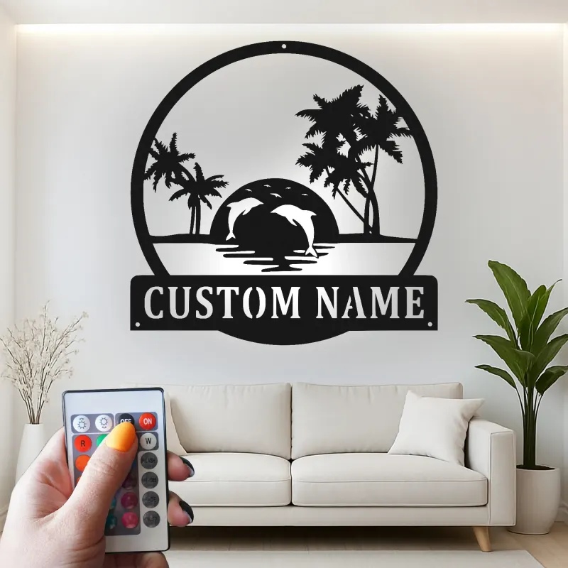 Custom Tropical Sunset with Dolphins Led Light Metal Wall Art Personalized Beach Lover Gift Coastal Living Room Decor