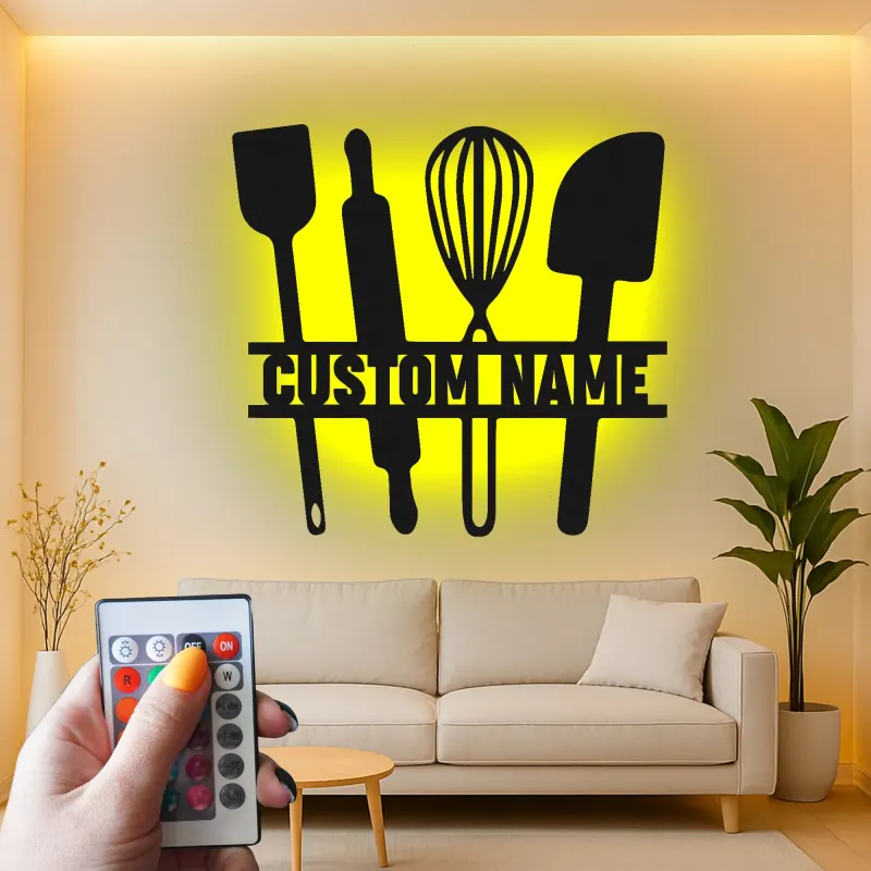 Insegna in metallo personalizzata con luce LED a forma di Utensili da Cucina - Regalo per Chef - Decorazione Moderna per Cucina