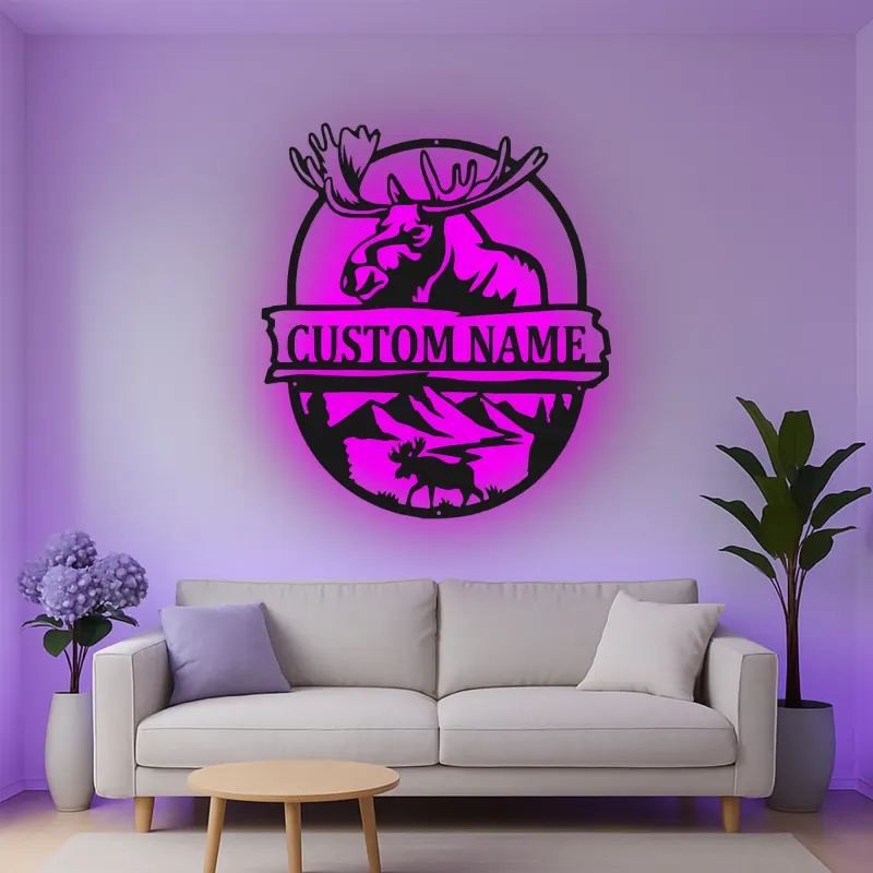 Custom Moose Led Light Metal Wall Art Personalized Gift for Nature Lovers Cabin Decor with Mountain Scene