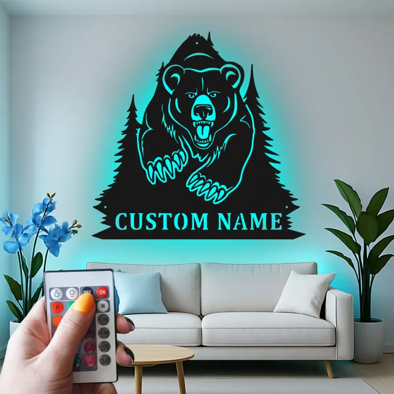 Insegna in metallo personalizzata con orso retroilluminato, regalo di fauna selvatica per amanti della natura, decorazione per cabina