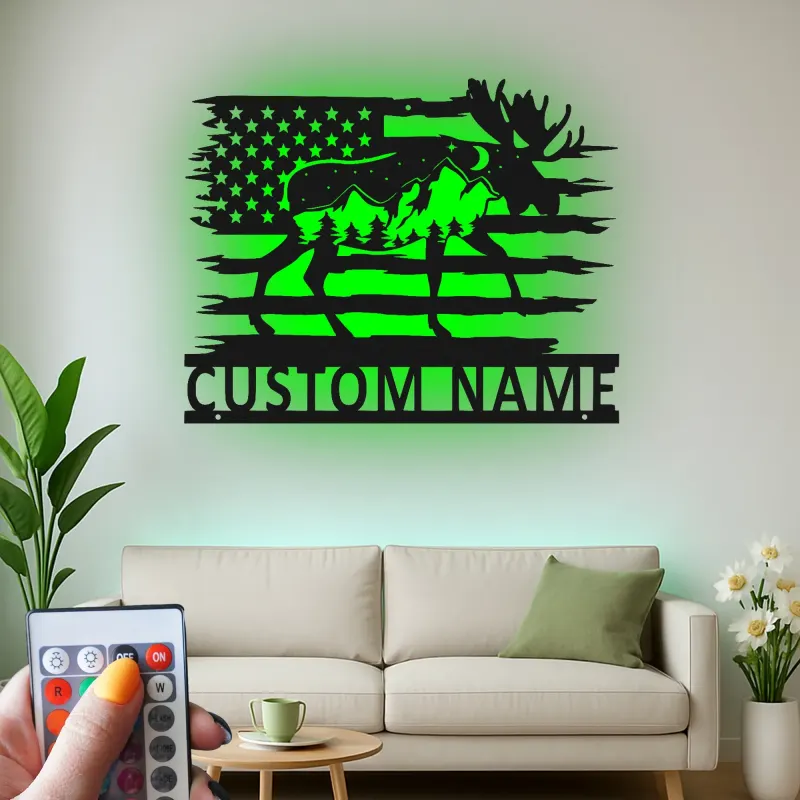 Custom Moose Metal Wall Art | Personalized LED American Flag Sign | Rustic Cabin Decor & Lodge Gift