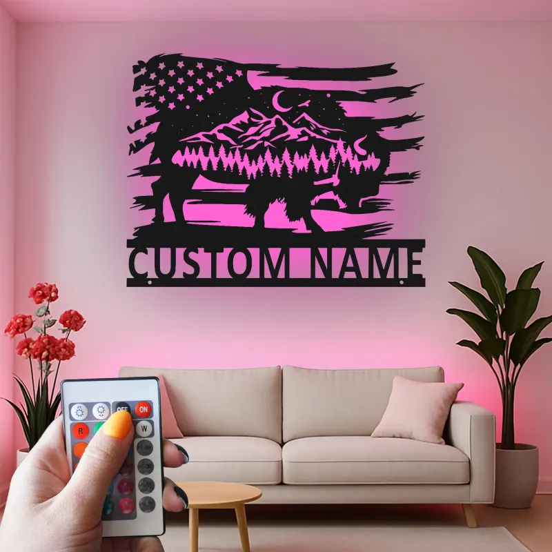 Custom Buffalo American Flag Led Light Metal Wall Art Unique Gift for Nature Lovers Rustic Living Room Decor